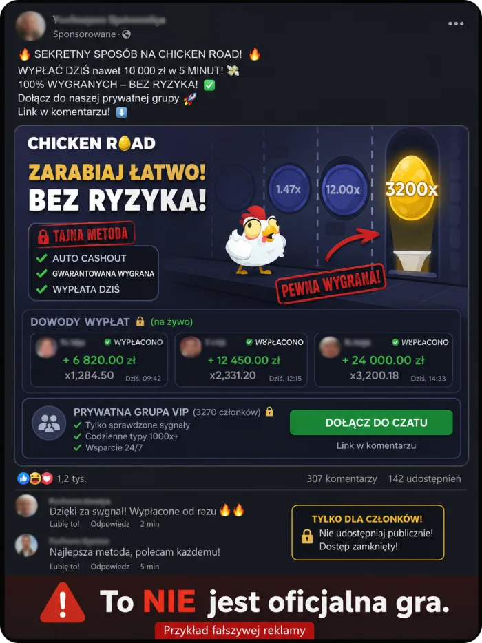 Fałszywa reklama gry Chicken Road w mediach społecznościowych — to nie jest oficjalna gra