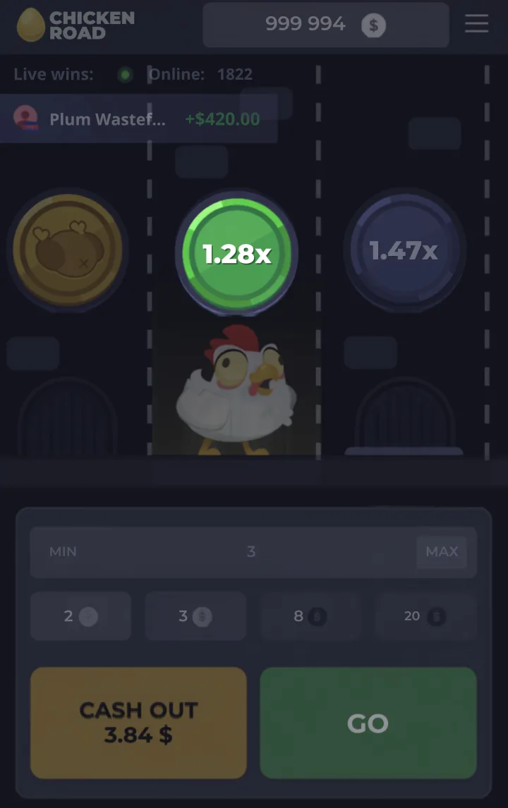 Chicken Road: bieg w toku, CASH OUT 3,84 $