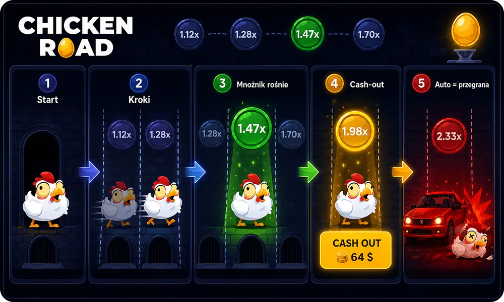 Schemat procesu gry w Chicken Road: start, kroki, mnożnik rośnie, cash-out, auto = przegrana